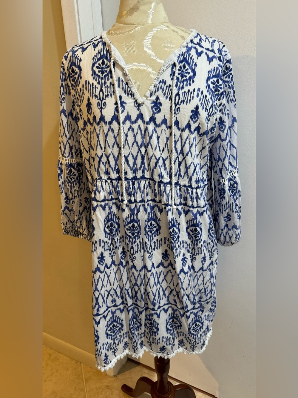 Tommy Bahama Cotton Ikat Tropics Blue White Lined Pull On Coverup Mini Dress M